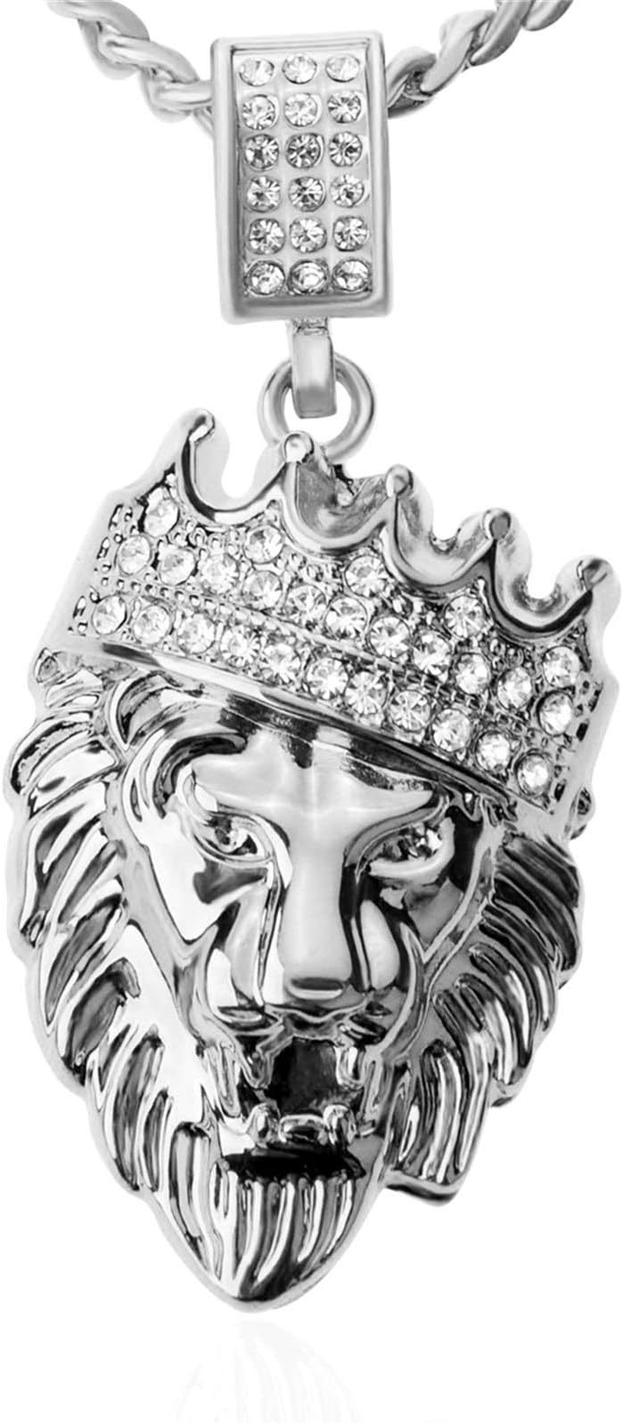 Hip Hop Jewelry Crown Lion Head Pendant Iced Out Clear Rhinestones Curb Cuban Chain Stainless Steel Necklace (A-Silver)