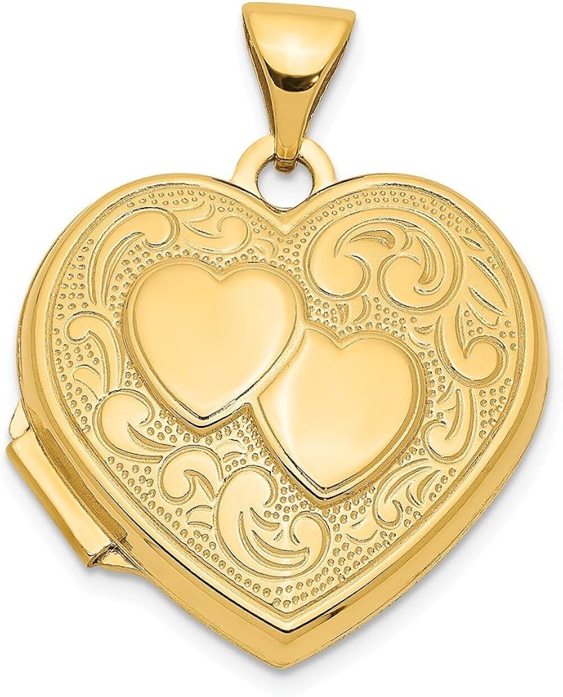 14k Yellow Gold Double Heart Photo Pendant Charm Locket