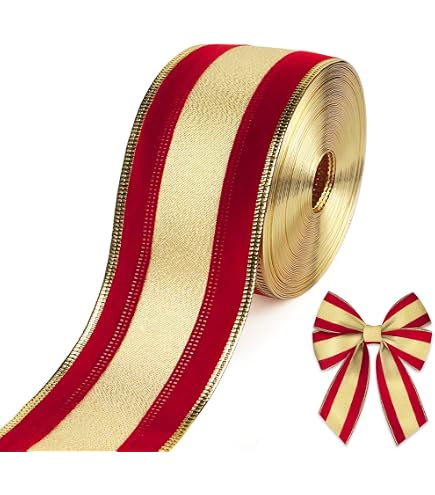 ABTOLS Christmas Ribbon - 10 Yards Red Gold Stripe Wired Burlap Ribbon For Holiday Decor