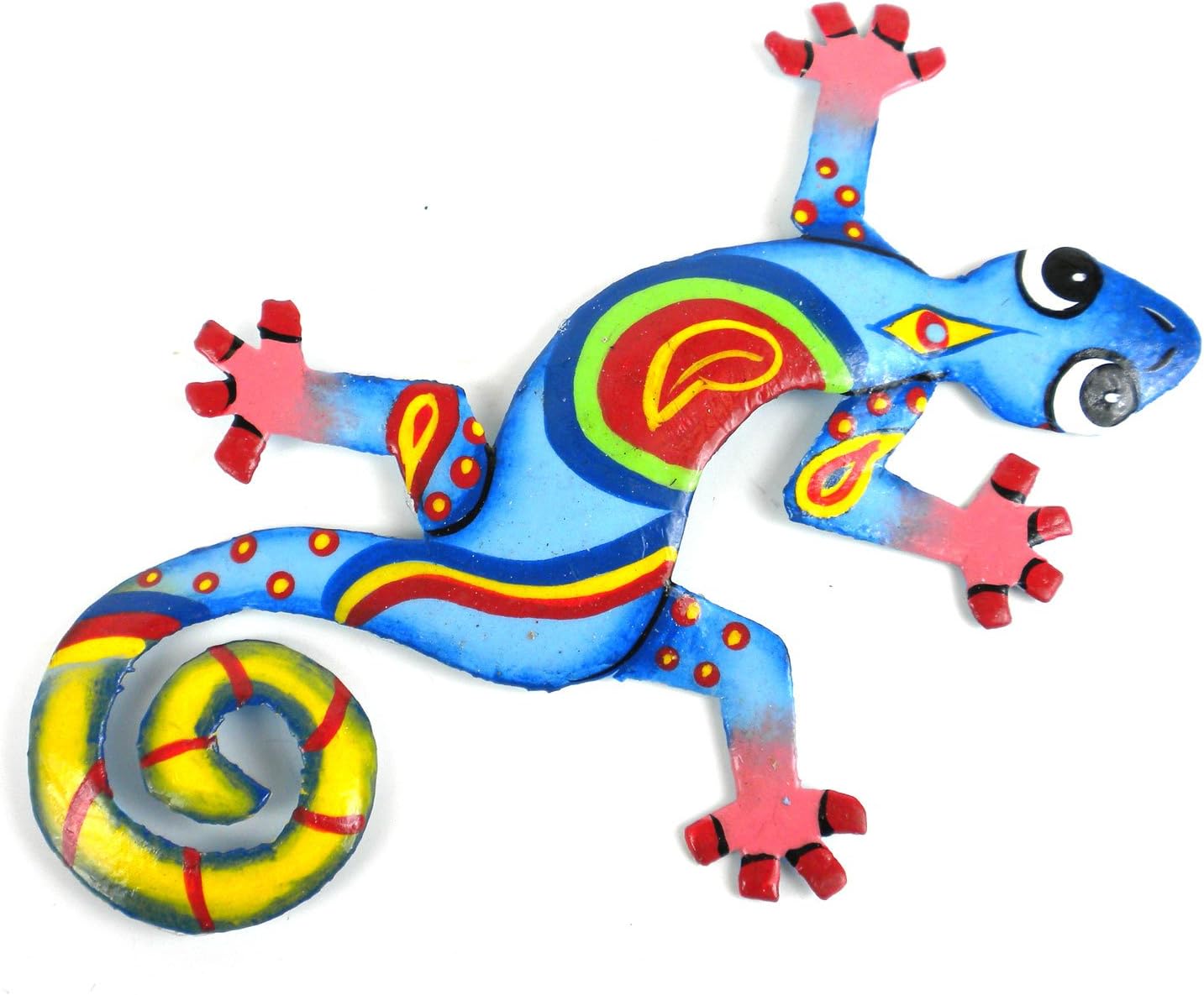 Global Crafts8" Painted Gecko Recycled Haitian Metal Wall Art (Blue Green, Red Eye)