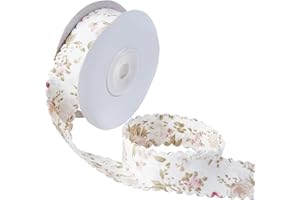 letsinstyle 10 Yards Floral Print Ribbon, 0.98 Inch White Blooming Flower Wavy Edge Ribbons, Spring Summer Bouquet Decorative