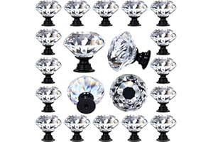 DEELF OUTLET 12 Packs Crystal Cabinet Knobs Drawer Pulls and Knobs Diamond Dresser Handles Crystal Pulls for Drawers - 30 mm Clear Glass Cabinet Knob with Black Base