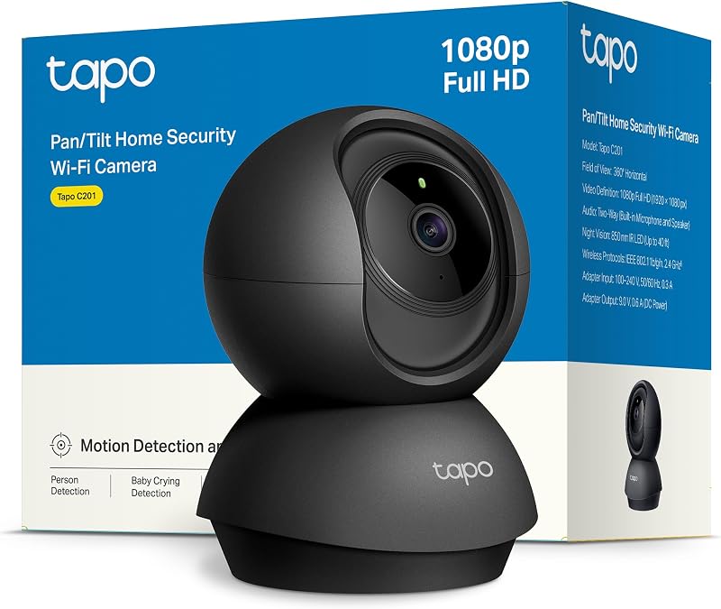 Tapo c201 - câmera wifi interna fhd, câmera de vídeo de vigilância, visão noturna, visão 360°, áudio bidirecional, detecção de movimento e notificações, alarme acústico e luminoso integrado,