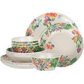 12 Piece Melamine Dinnerware sets,Service for 4, Hydrangea | Unbreakable Plates and bowls sets,BPA Free Lightweight Dishwasher Safe ,Indoor and Outdoor ,RV Party