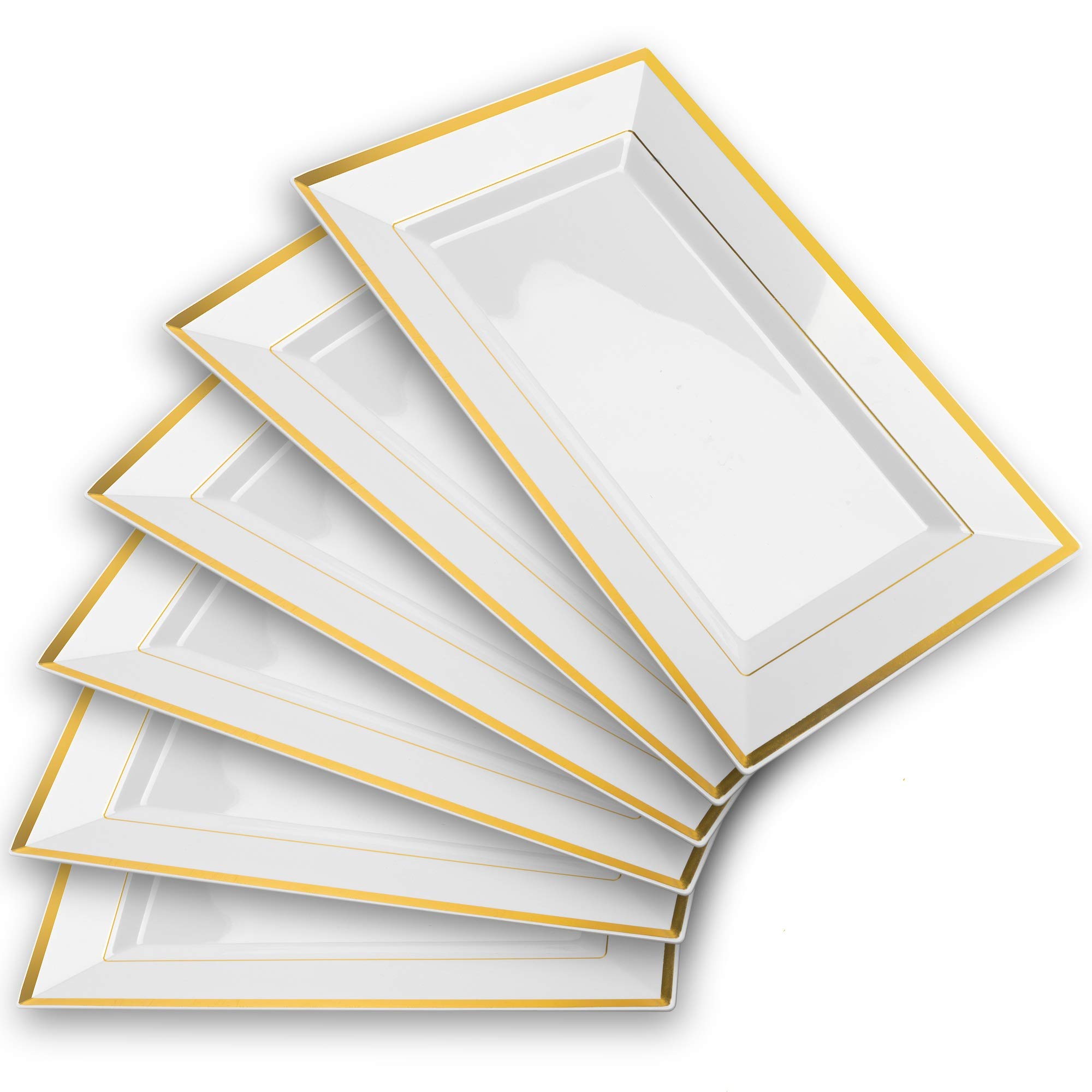 Photo 1 of Mint Living - Elegant Plastic Serving Tray & Platter Set (6pk) - White & Gold Rim Disposable Serving Trays & Platters for Food - Weddings, Upscale Parties, Dessert Table, Cupcakes - 8 x 12.85 inches