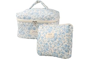 NATINSA Cute Makeup Bag for Women(2 Pcs), Travel Cosmetic Bags, Quilted Coquette Aesthetic Floral Toiletry Organizer Bag (NavyBlue Flower)