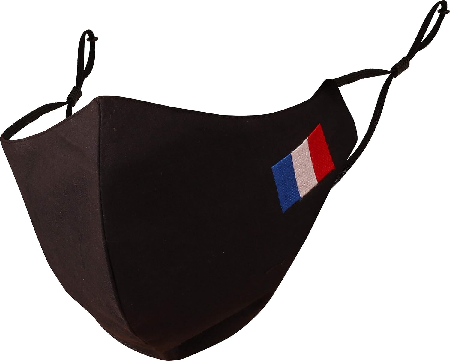 Touchstone French Flag embroidered 3 layer medium size cotton face masks reusable machine washable adjustable for men women. (Pack of 1). Black