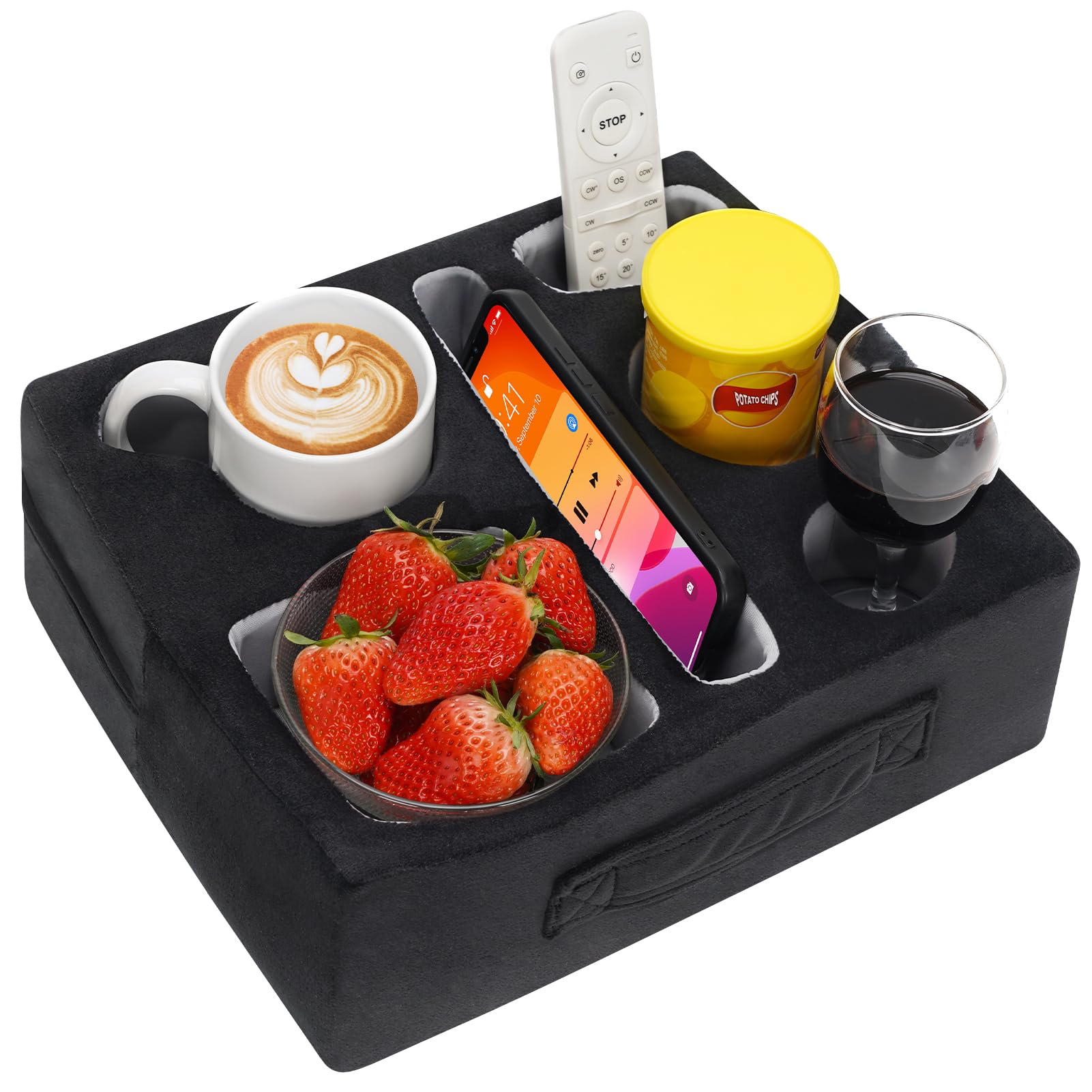 Photo 1 of G GOOD GAIN Couch Cup Holder Pillow-Sofa Cup Holder Cozy Buddy | Bed Drink Caddy Holds Tablet, Remote, Snacks | Waterproof Anti-Spill Sofa Beverage Tray for Car, Park, Beach, Picnic, Boat, RV(Black)