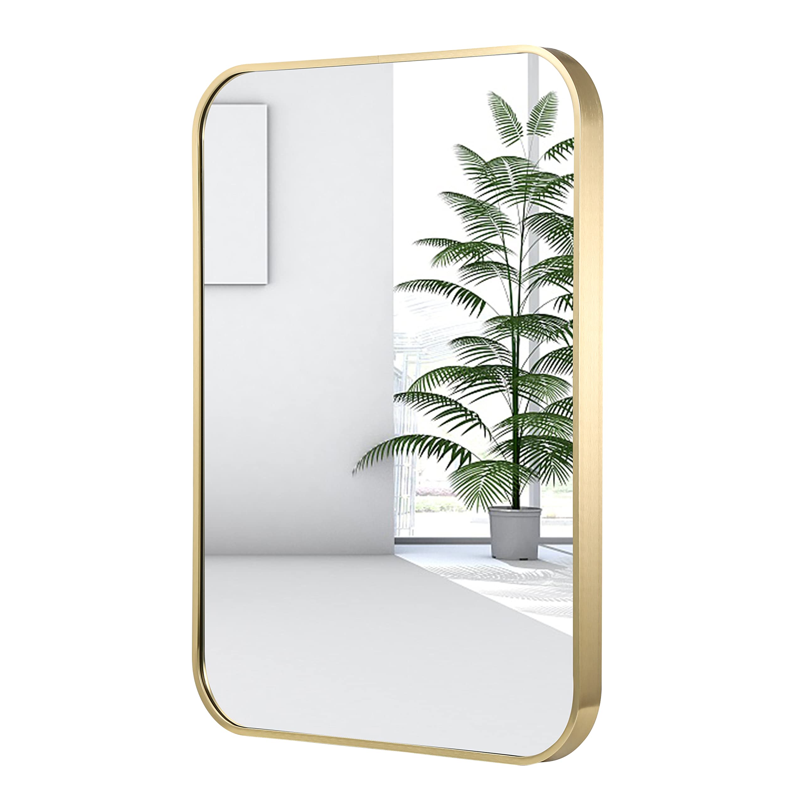 Photo 1 of JENBELY 24x36 Inch Gold Bathroom Mirror, Brushed Gold Metal Framed Rectangular Mirror with Rounded Corner, Wall Mounted Vanity Mirror for Bedroom or Living Room, Horizontal/Vertical