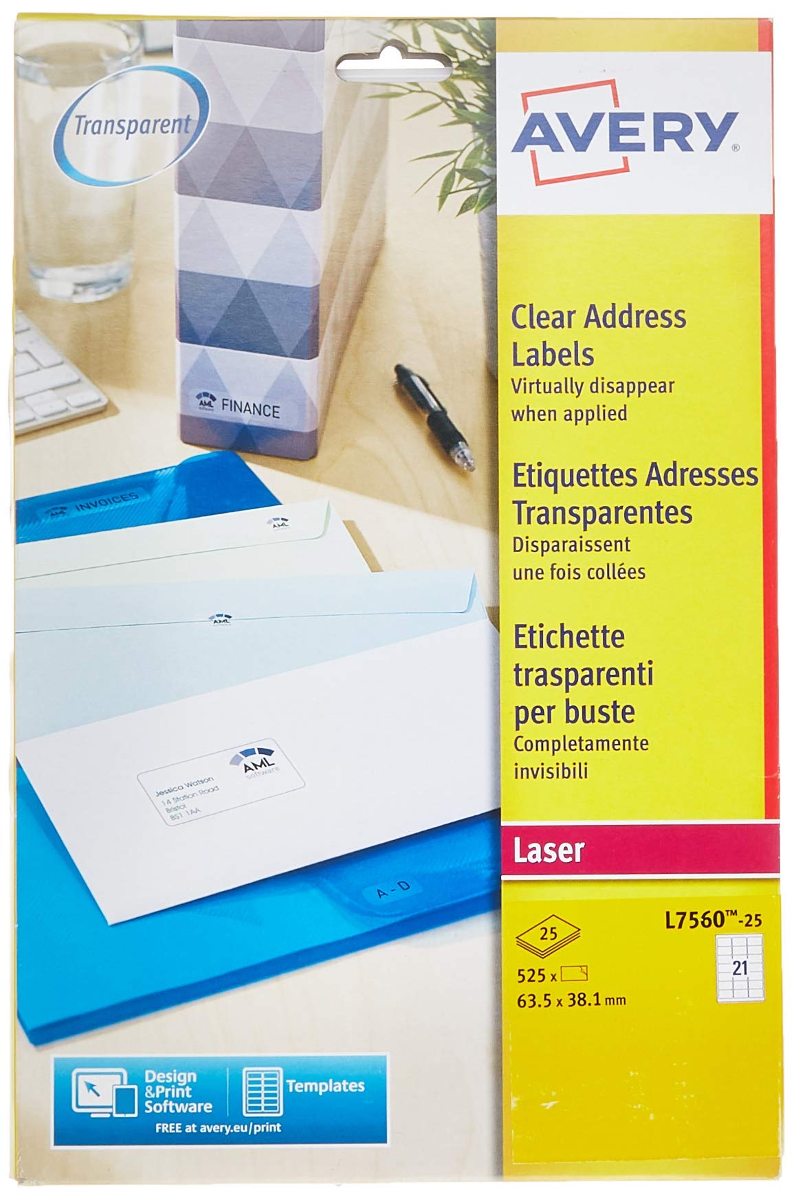 Avery L7560-25 - Clear Laser Labels 63.5x38mm L7563-25 (525 Labels)