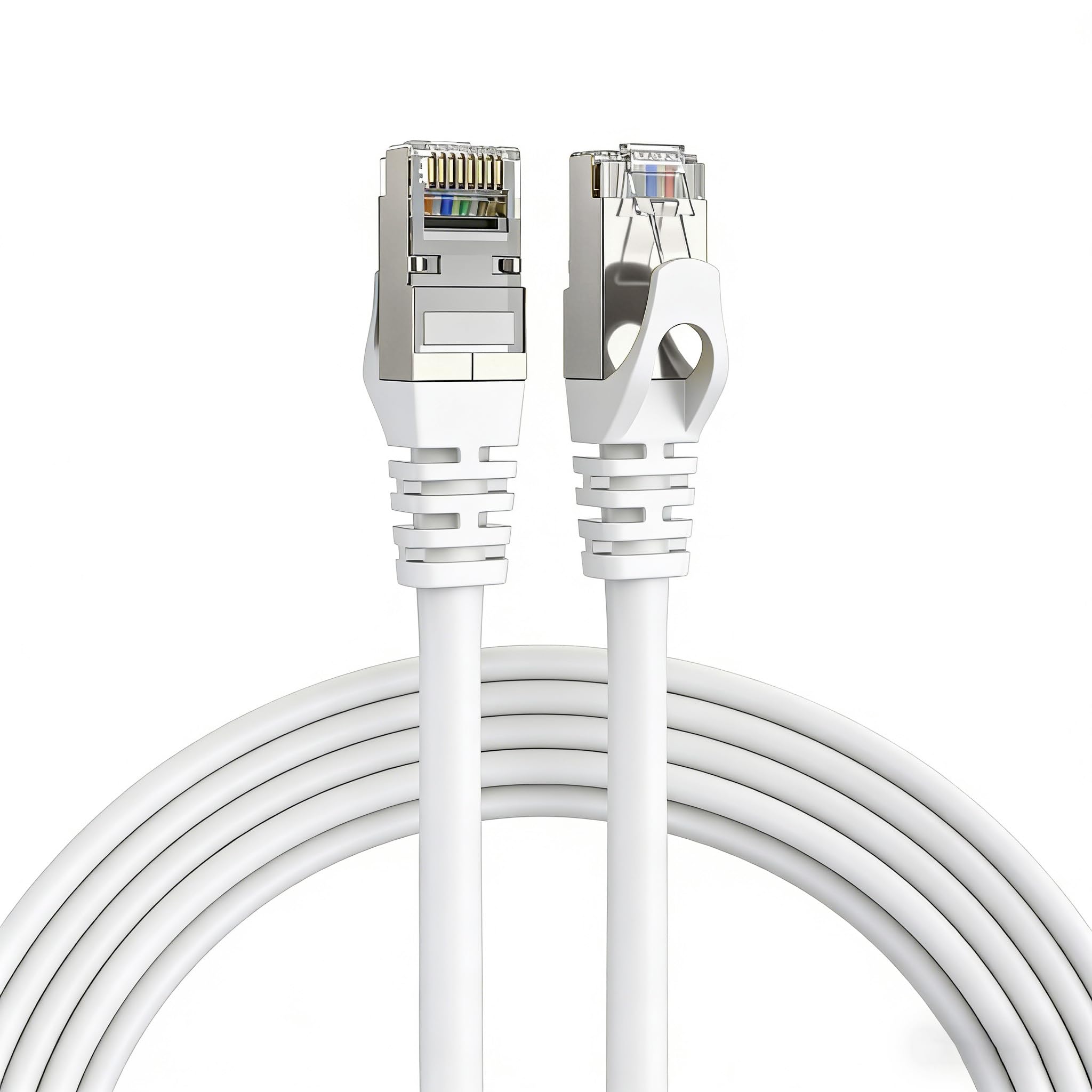 Elfcam - 40m Cat 7 RJ45 Ethernet Cable, STP 100% Copper, 10 Gbps 600 MHz, Round Shielded Network Cable, Compatible with Boxes, PCs, TVs, and Consoles – White
