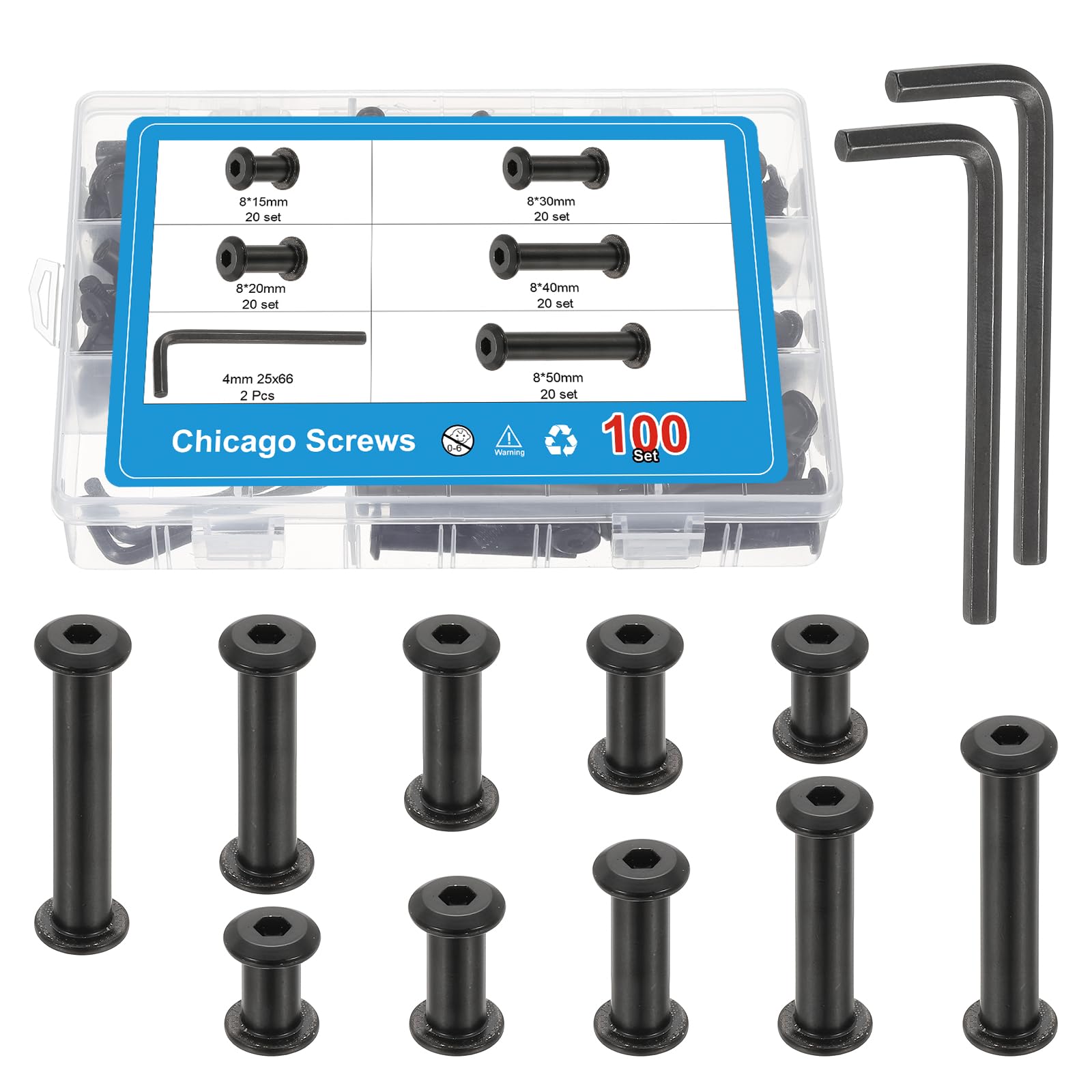 PATIKIL 100 Set Hex Chicago Screws Assorted Kit with Hex Wrench, 5 Size Carbon Steel Rivets Binding Post Fasteners Screw for DIY Leather Craft Bookbinding, Black