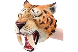 Gemini&Genius Saber-Toothed Tiger Hand Puppet, Saber-Toothed Wild Animal Puppets Toys, Soft Rubber- Realistic Action Figure Toys- Role Play, Storytelling and Play Games for Kids-Yellow