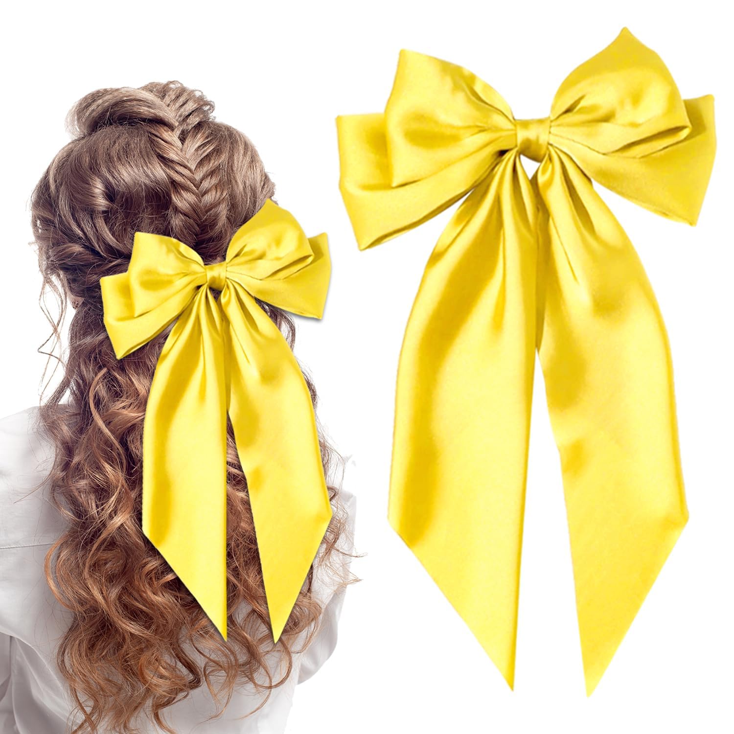 LECTNORE Bright Yellow Hair Bow - Large Bowknot Hair Clip for Women, Satin Silky Ribbons with Long Tail, French Barrette Hair Accessory for Girls Ponytail Holder