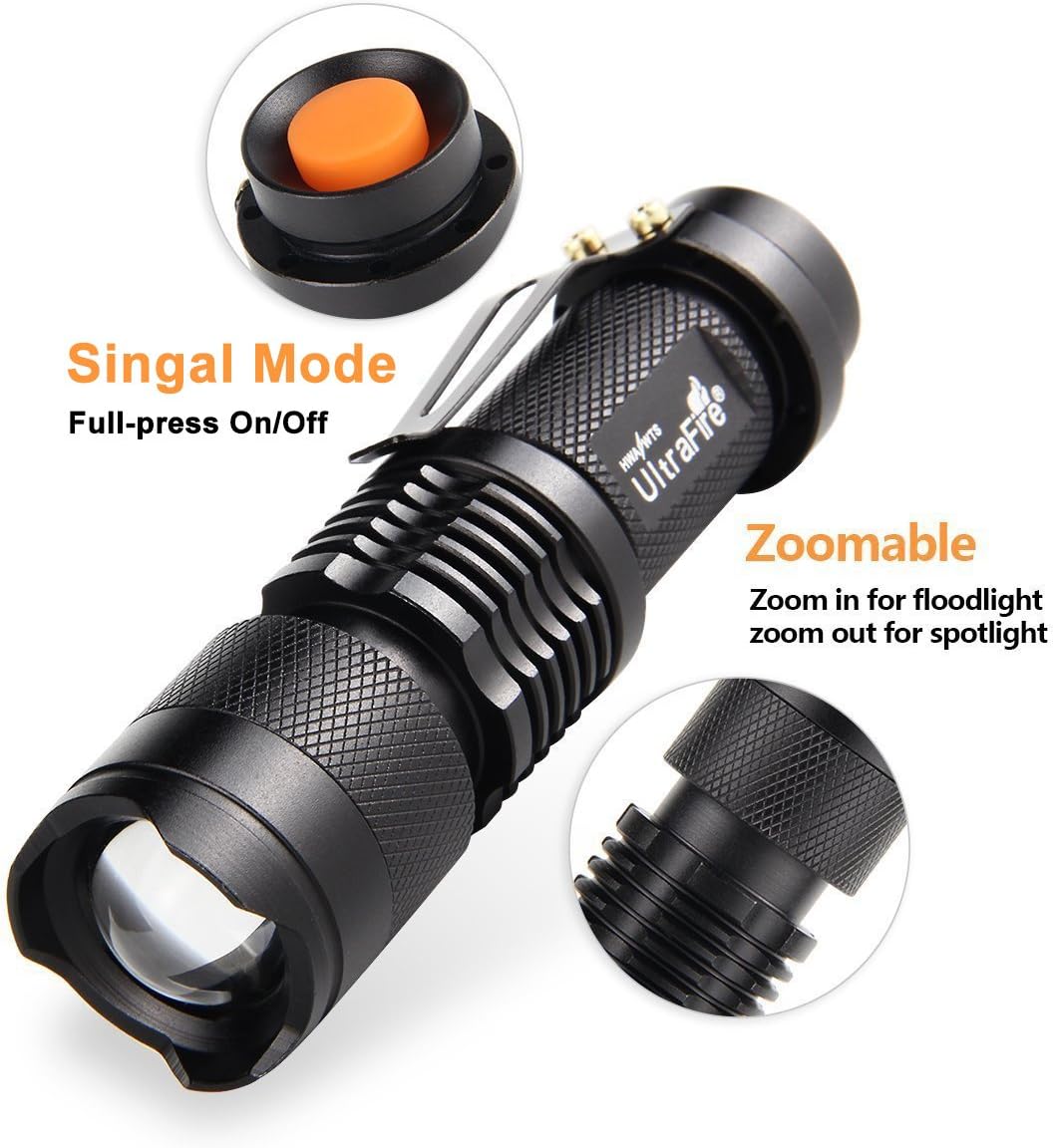 3 Pack UltraFire Mini Flashlights Focus Adjustable SK68 Single Mode Tactical LED Flashlight, Ultra Bright 300 Lumens Torch - - 