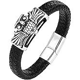 YL Cross Viking Skull Masonic Bracelet, Mens Leather 18K Gold/Rhodium Plated Stainless Steel Scorpion Owl Christian Bible Verse Military Hero Handcrafted Cuff Jewelry Gifts for Women