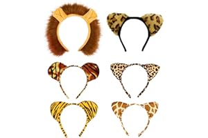 Flying Childhood 6Pcs Wild One Animal Headbands for Jungle Safari Birthday Party Decorations Favors Lion Cat Leopard Giraffe Tiger Ears
