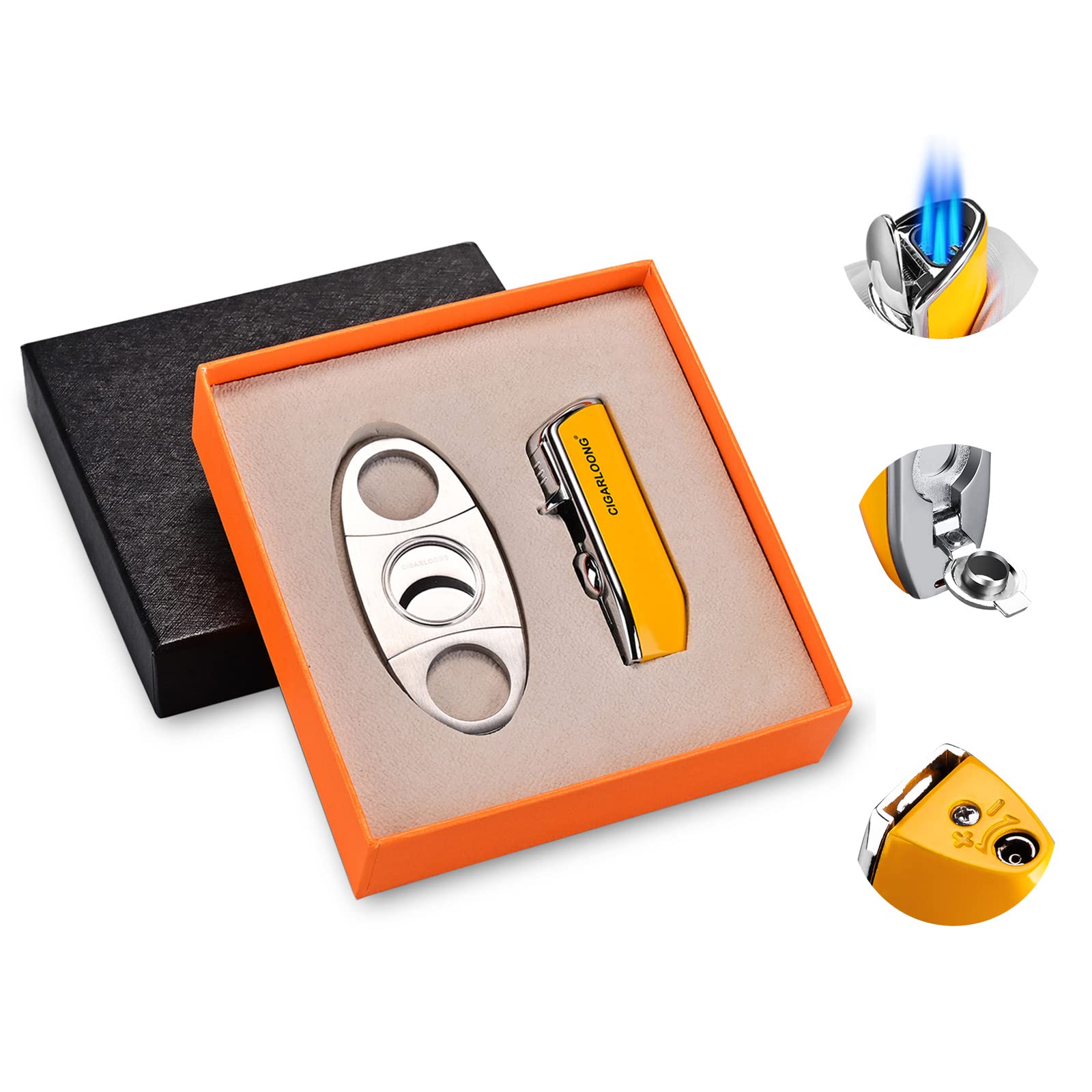 CIGARLOONG Cigar Cutter and Lighter Set Yellow Double Blade Simple Cigar Cutter and 3 Jet Torch Blue Flames Refillable Lighter with Gift Box