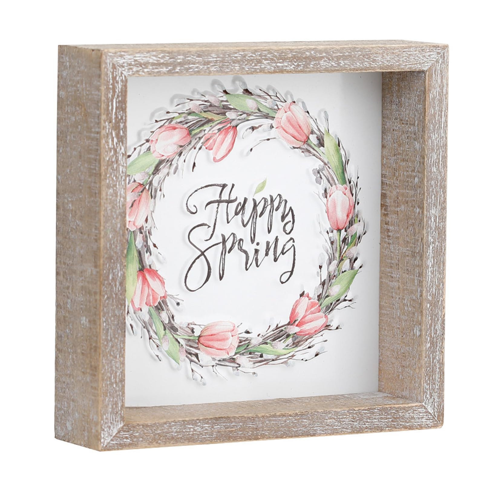 LINKWELL Happy Spring Sign, Modern Easter Table Decor for Mantel, Shelf, Tray, Easter Table Decorations Centerpieces, Embossed Metal Tulip Wreath Sign
