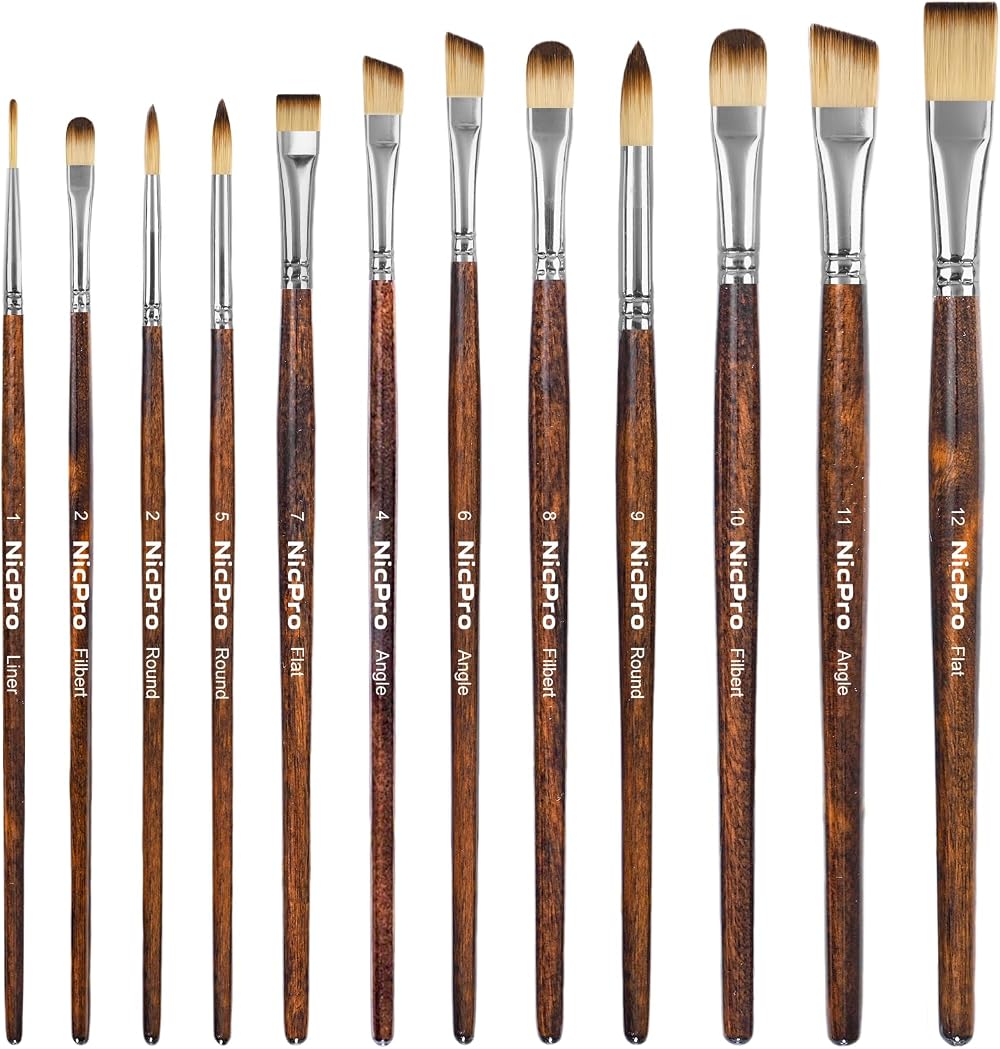 Nicpro 12Pcs Artist Paint Brush Set Premium Taklon Wood Handle