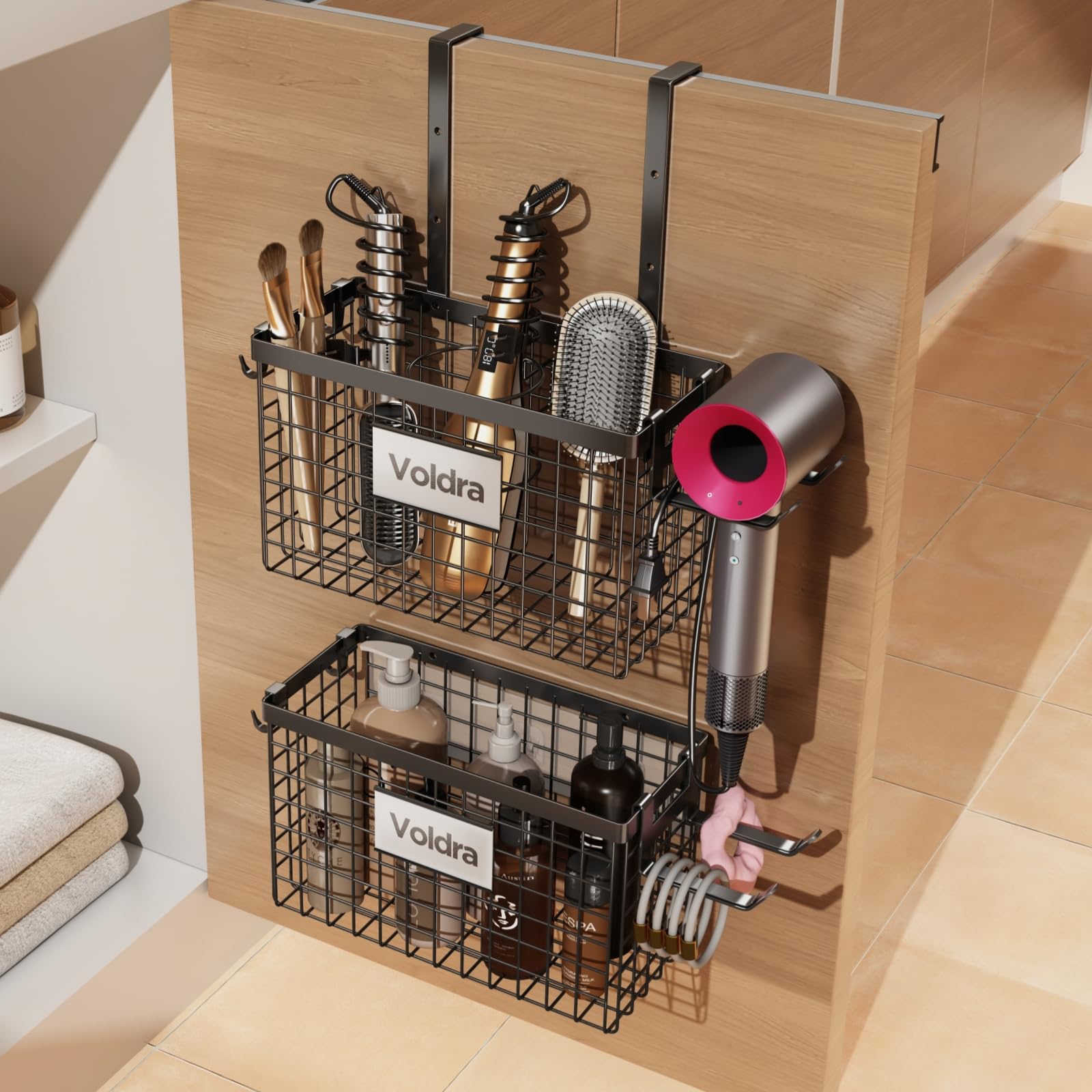 Photo 1 of Voldra 2 Pack Hair Dryer Holder Cabinet Door, Adhesive Hair Tool Organizer Wall Mount Adjustable Height Blow Dryer Holder Under Sink for Flat Curling Iron, Hair Straightener Brush(Black)