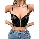 SweatyRocks Women's Sheer Floral Lace Front Zip Bra Spaghetti Strap Push Up Underwire Bras