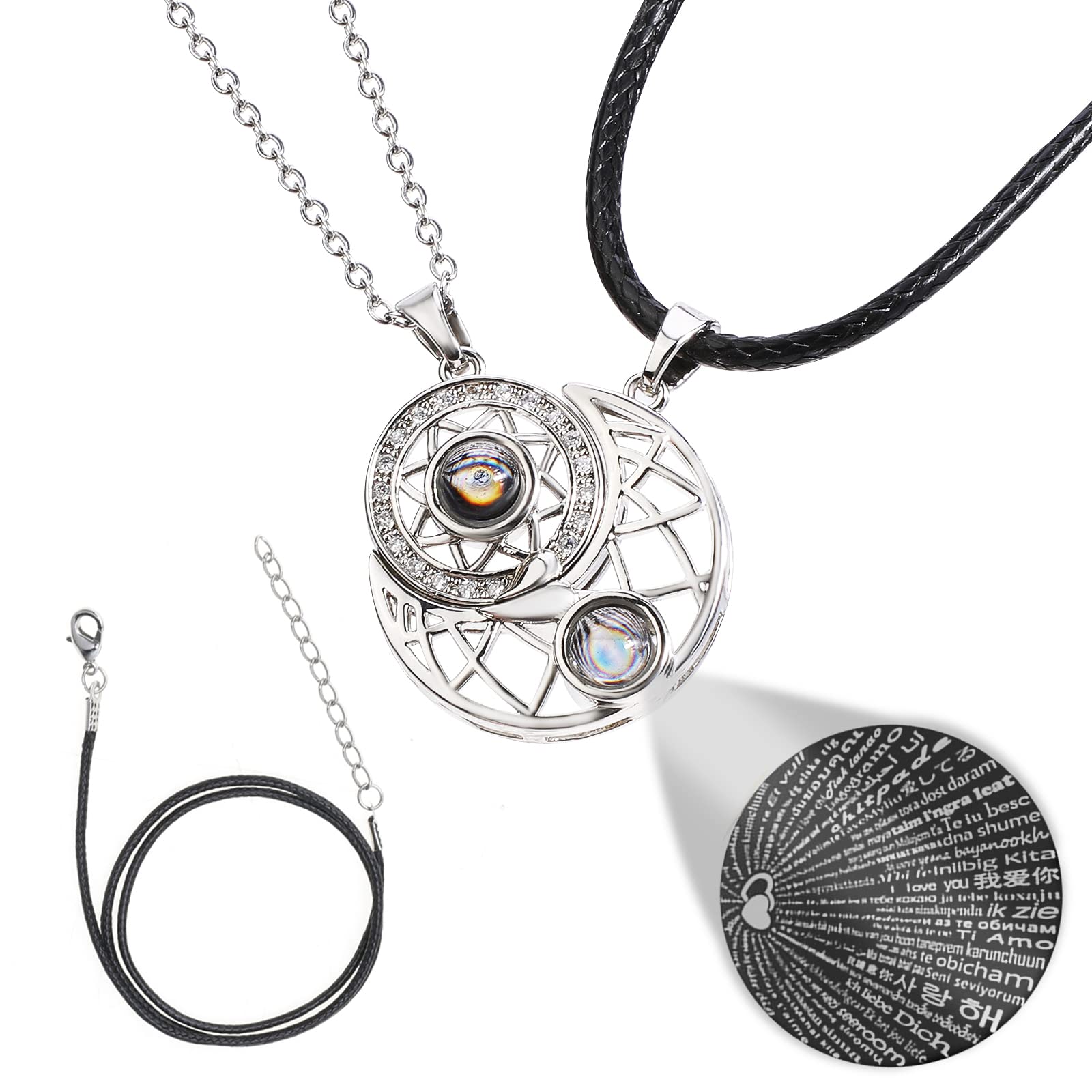 Magnetic Couple Necklace, Novelty Matching Couple Necklaces with 100 Languages I Love You, Sun and Moon Couple Necklaces for Him and Her, Jewelry Gift for Couples Lovers Best Friends Families