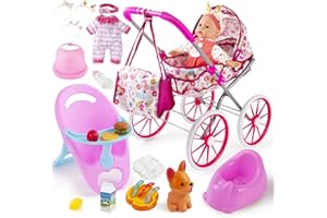 seppacio Baby Doll Stroller Toys Set with 12.5" Doll for 3-7, Foldable Stroller, Dining Chair, Accessories & 1 Outfits,Pretend Play Baby Doll Toys for Girls Ages 3-7