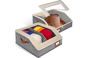 LVGOATH 2-in-1 Hat Organizer for Baseball Caps Holds 48-60 Hats Holder for Closet with Clear lid Stackable Hat Storage with Adjustable Space Cowboy Hat Box for Men Women 2 PCS White and Grey