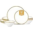 Christian Siriano Akoya Porcelain Dinnerware Set, 12-Piece - Dish Set for 4, Plates and Bowls Set, White and Gold