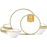 Christian Siriano Akoya Porcelain Dinnerware Set, 12-Piece - Dish Set for 4, Plates and Bowls Set, White and Gold
