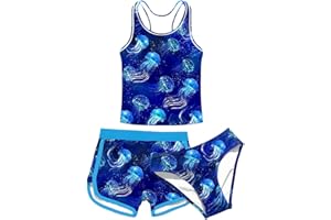 uideazone Girls 3 Piece Bathing Suit Summer UPF 50+ Racerback Swimsuit with Shorts Beach Tankini Sets 8-16 Years
