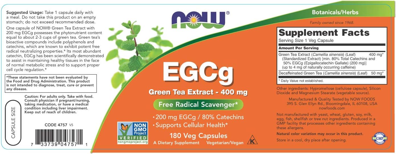 NOW Supplements, EGCg Green Tea Extract 400 mg, Free Radical Scavenger*, 180 Veg Capsules: Health & Personal Care