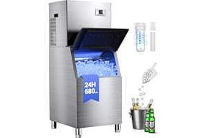 QAUSOU Commercial Ice Machine 680LBS/24H with 560LBS Storage Bin, Large Industrial Ice Maker, Self-Cleaning, Timing Function, 210 Ice Cubes in 5-15min, Adjustable Ice Thicknesses