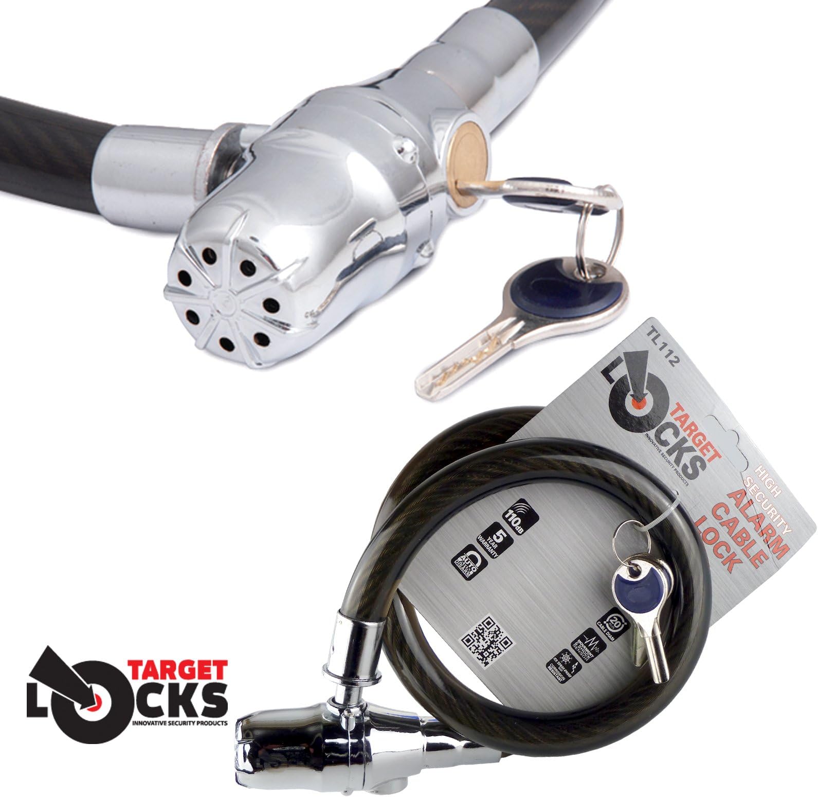 Target TL112 Alarmed Cable Lock - High Security Cable Coil Lock with 110dB Siren Alarm - Bikes, Bicycles, Scooters, Garden Gates, Securing Helmets with Motorcycles