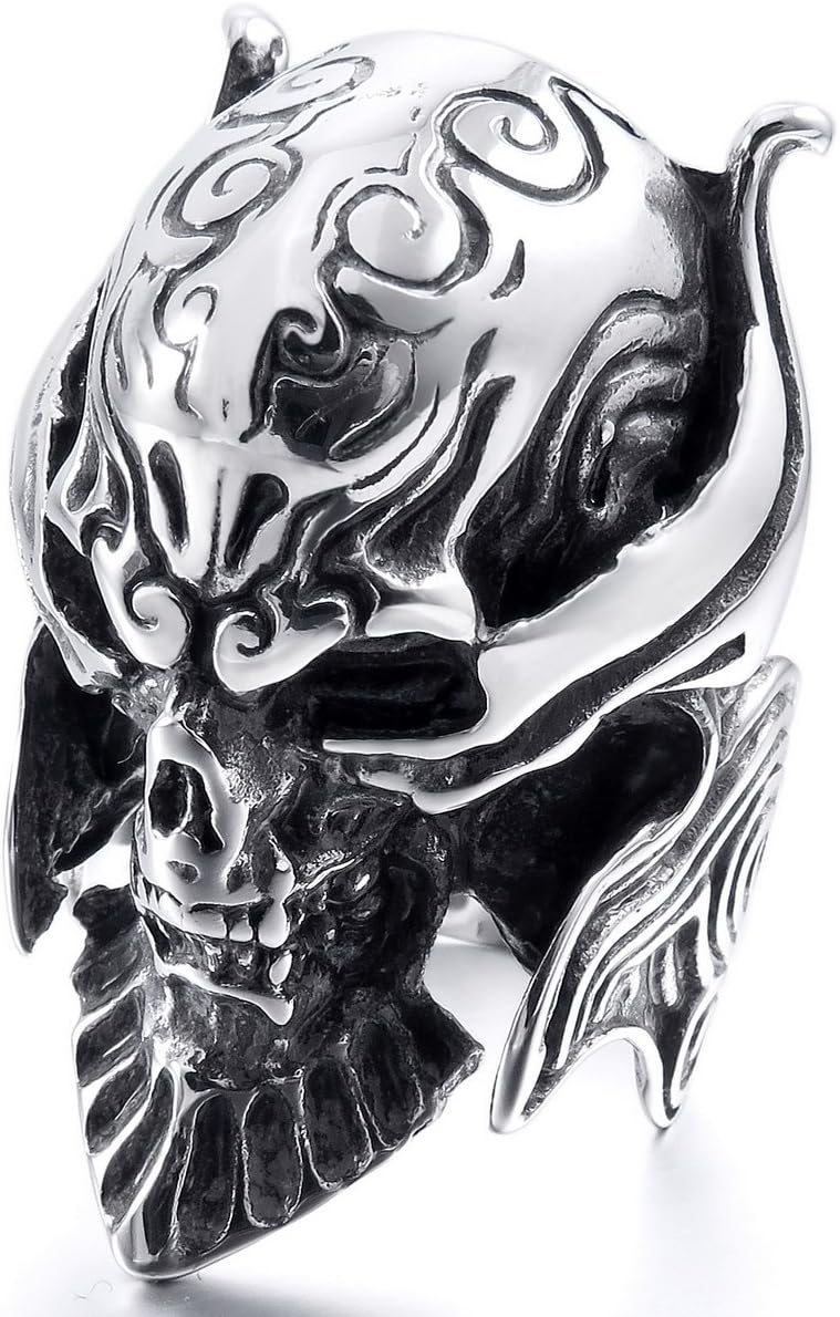 Large Stainless Steel Ring Silver Tone Black Devil Skull Engraved Casted Men