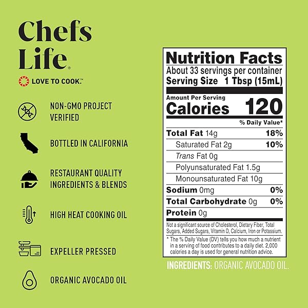 CHEFS LIFE ORGANIC AVOCADO OIL – ORGANIC AVOCADO OIL FOR COOKING, AVOCADO OIL ORGANIC FOR DRESSING, DIPPING, DRIZZLE, 100% PURE, SINGLE ORIGIN, NON GMO – 16.9 FL OZ SQUEEZABLE BOTTLE (1 PACK)