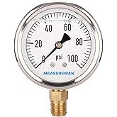 MEASUREMAN 2-1/2" Dial Size, Glycerin Filled Plumbing Pressure Gauge, 0-100psi, Stainless Steel Case, 1/4" NPT Lower Mount