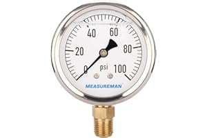 MEASUREMAN 2-1/2" Dial Size, Glycerin Filled Plumbing Pressure Gauge, 0-100psi, Stainless Steel Case, 1/4" NPT Lower Mount