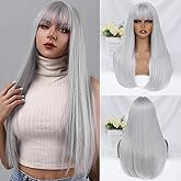 VOZIFAXIU Gray White Wig with Bangs for Women 24 Inch Long Straight Black Wigs Synthetic Heat Resistant Wig for Daily Party Use