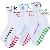Hercicy 6 Pairs Pilates Socks for Women Cute Bowknot Grips Ruffle Yoga Crew Non Slip Grippy Athletic Embroidered Socks for Barre Dance Running Workout Hospital