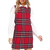 Wenrine Womens Plaid Overall Mini Dress Casual Sleeveless Round Neck A Line Short Fall Christmas Dresses