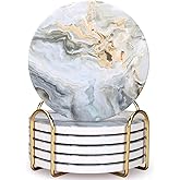 Dksyee 6 Pcs Grey Abstract Ceramic Coasters with Holder: 6 Round Modern Drink Coasters, Absorbent, Non-Slip, Gold Metal Holder