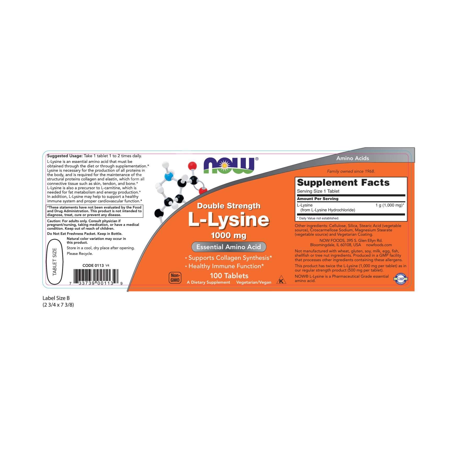 NOW Supplements, (LLysine Hydrochloride) 1,000 mg, Double Strength, Amino Acid, 100 Tablets