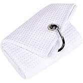 Mile High Life Tri-fold Golf Towel | 16" X 24" | Premium Microfiber Fabric | Waffle Pattern | with Heavy Duty Carabiner Clip | for Men and Women (White)
