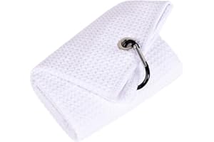 Mile High Life Tri-fold Golf Towel | 16" X 24" | Premium Microfiber Fabric | Waffle Pattern | with Heavy Duty Carabiner Clip | for Men and Women (White)