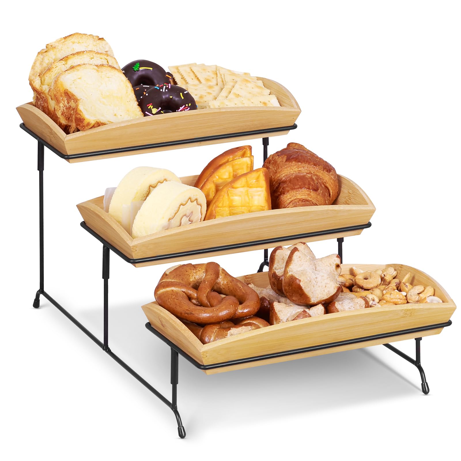 Photo 1 of ERYTLLY 3-Tier Bamboo Serving Trays Stand - Collapsible for Fruit, Dessert, Appetizer Presentation | Sturdy Food Serving Trays Platter Display Rack for Party/Events | 12 Inch