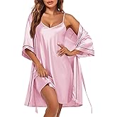Ekouaer Women Satin Robe Set 2 Piece Silky Nightgown with Robes Bride Bridesmaid Bathrobe Sexy Sleepwear with Pockets