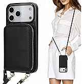 KIHUWEY Crossbody Wallet Case for iPhone 17 Pro Max, Zipper Pocket Case with Card Holder, PU Leather RFID Blocking Protective Cover Case with Kickstand Detachable Wrist Strap Lanyard 6.9" (Black)