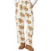 FLYCURVY Fuzzy Pajama Pants for Women Plus Size Pj Bottoms Lounge Pants Drawstring Waist Cute Bear Cozy Loose Fit with Pocket